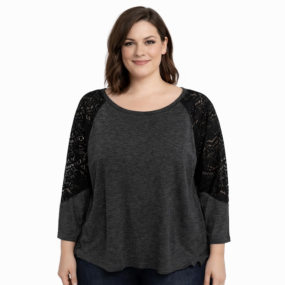 Old Navy Charcoal and Black Knit Top with lace sleeve accents. EUC